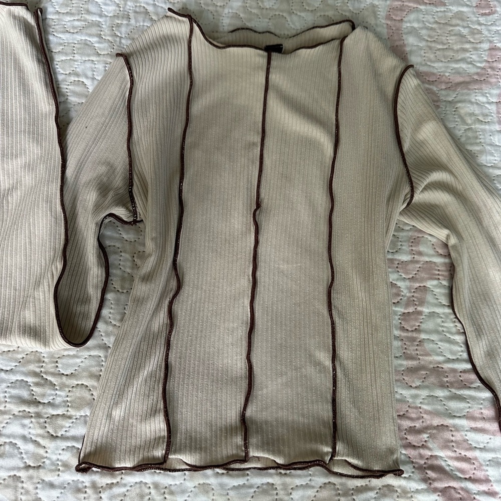 Beige Ribbed Long Sleeve Top with Brown Trim